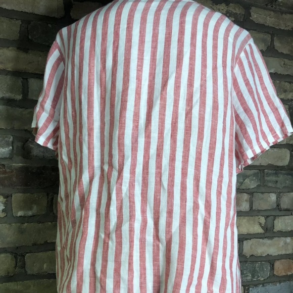 100% Linen Shirt Striped Short Sleeve Loose Fit Boho Flowy Red White - Picture 3 of 5